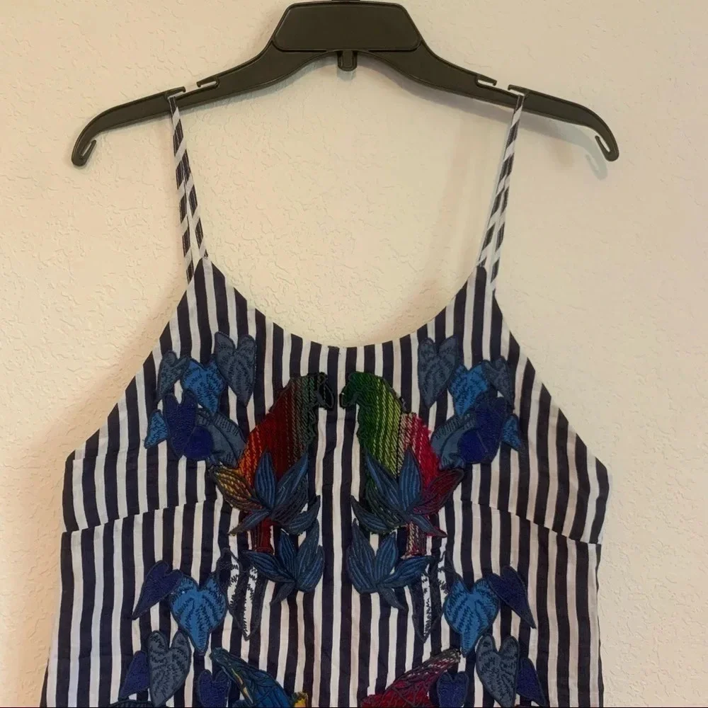FARM Rio Striped Mini Dress Embroidered Birds Toucan Linen Cover Up Resortwear - Picture 4 of 7